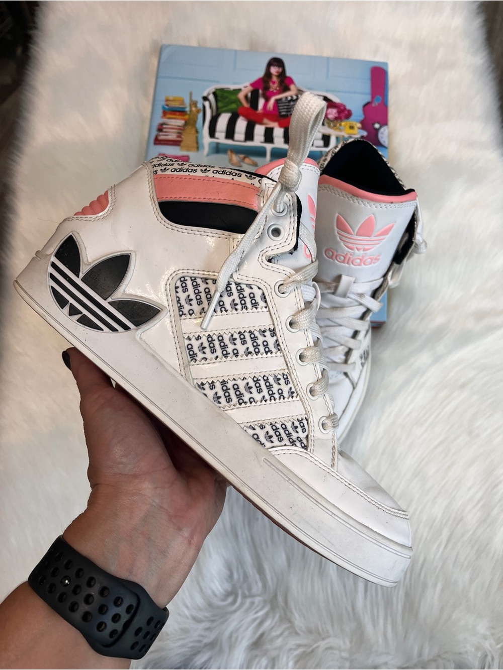 adidas White and Pink High-Top Sneakers with Black Tongue